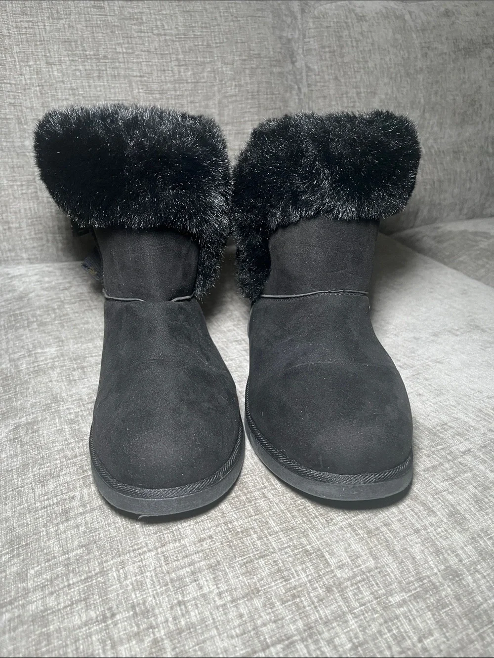 Juicy Couture Black Faux Fur Cuff Ankle Boots with Gold Logo Bows